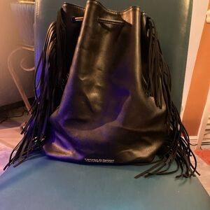 NEW Victoria's Secret Black Faux Leather Backpack Fringe Purse Boho Bag
